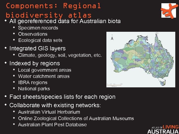 Components: Regional biodiversity atlas • All georeferenced data for Australian biota • • •