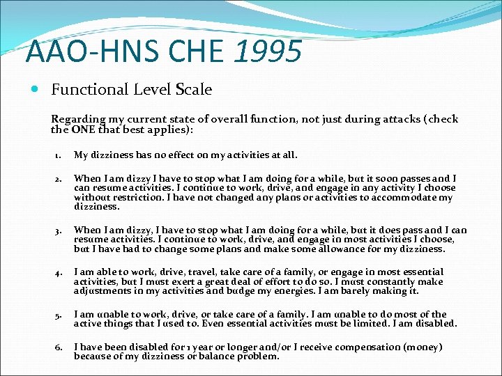 AAO-HNS CHE 1995 Functional Level Scale Regarding my current state of overall function, not