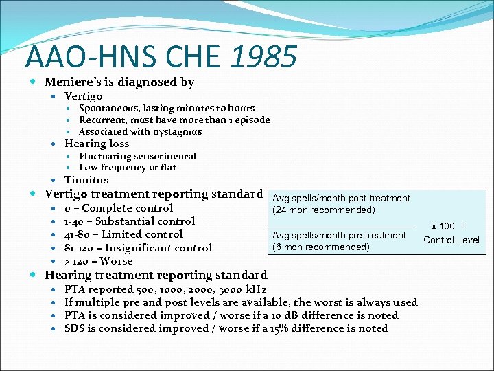 AAO-HNS CHE 1985 Meniere’s is diagnosed by Vertigo Spontaneous, lasting minutes to hours Recurrent,