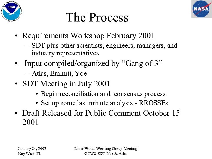 The Process • Requirements Workshop February 2001 – SDT plus other scientists, engineers, managers,