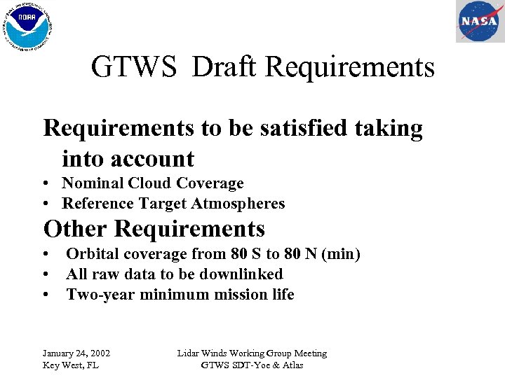 GTWS Draft Requirements to be satisfied taking into account • Nominal Cloud Coverage •