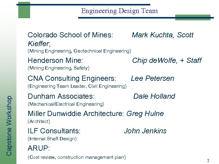 Engineering Design Team Colorado School of Mines: Kieffer, Mark Kuchta, Scott (Mining Engineering, Geotechnical