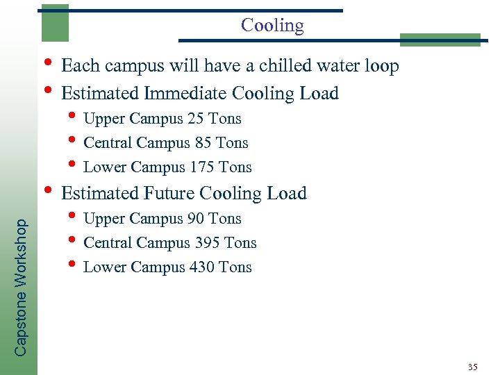 Cooling • Each campus will have a chilled water loop • Estimated Immediate Cooling