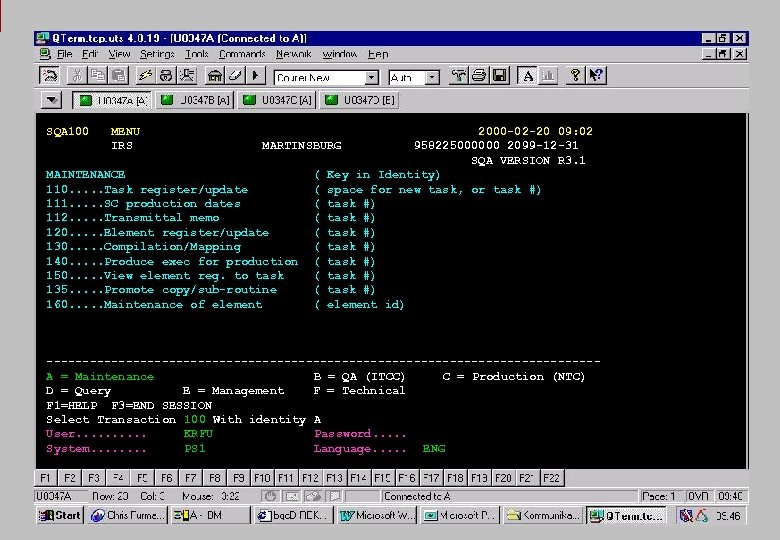 SQA 100 MENU IRS 2000 -02 -20 09: 02 MARTINSBURG 958225000000 2099 -12 -31