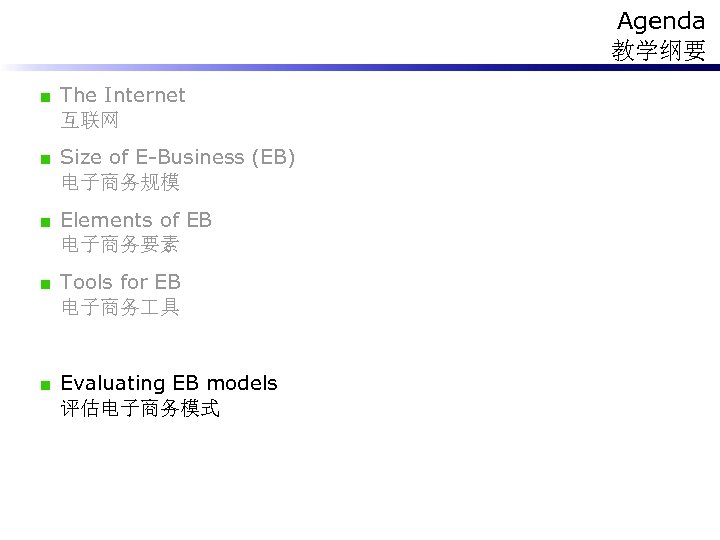 Agenda 教学纲要 The Internet 互联网 Size of E-Business (EB) 电子商务规模 Elements of EB 电子商务要素