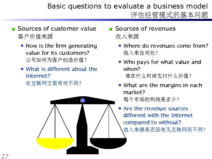 Basic questions to evaluate a business model 评估经营模式的基本问题 Sources of customer value 客户价值来源 •