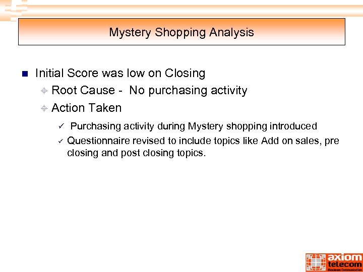 Mystery Shopping Analysis n Initial Score was low on Closing ± Root Cause -