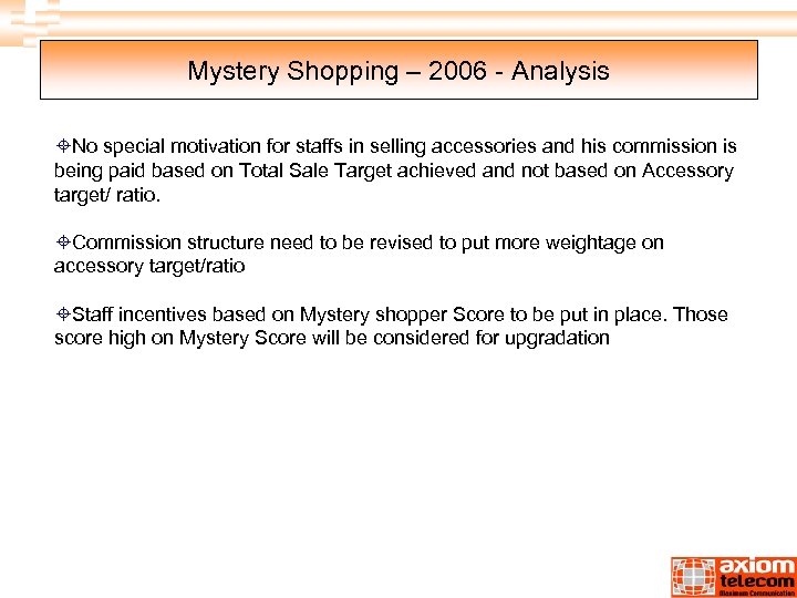 Mystery Shopping – 2006 - Analysis ±No special motivation for staffs in selling accessories