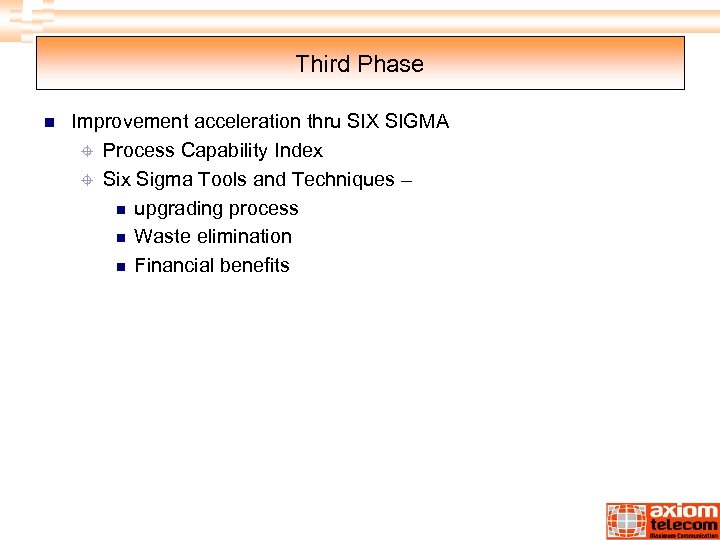 Third Phase n Improvement acceleration thru SIX SIGMA ± Process Capability Index ± Six
