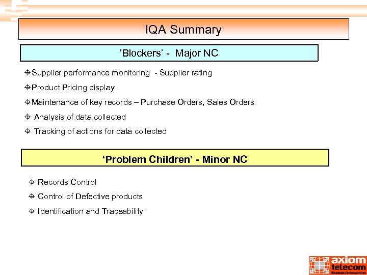 IQA Summary ‘Blockers’ - Major NC ±Supplier performance monitoring - Supplier rating ±Product Pricing