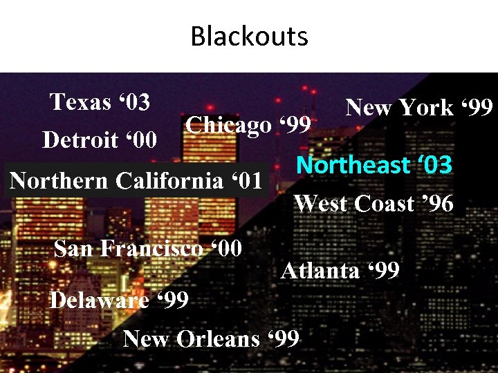 Blackouts Detroit ‘ 00 Texas ‘ 03 West Coast ’ 96 New York ‘