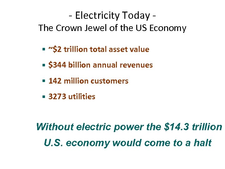 - Electricity Today - The Crown Jewel of the US Economy § ~$2 trillion