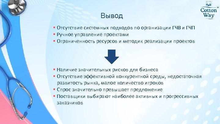 Вывод § Отсутствие системных подходов по организации ГЧВ и ГЧП § Ручное управление проектами