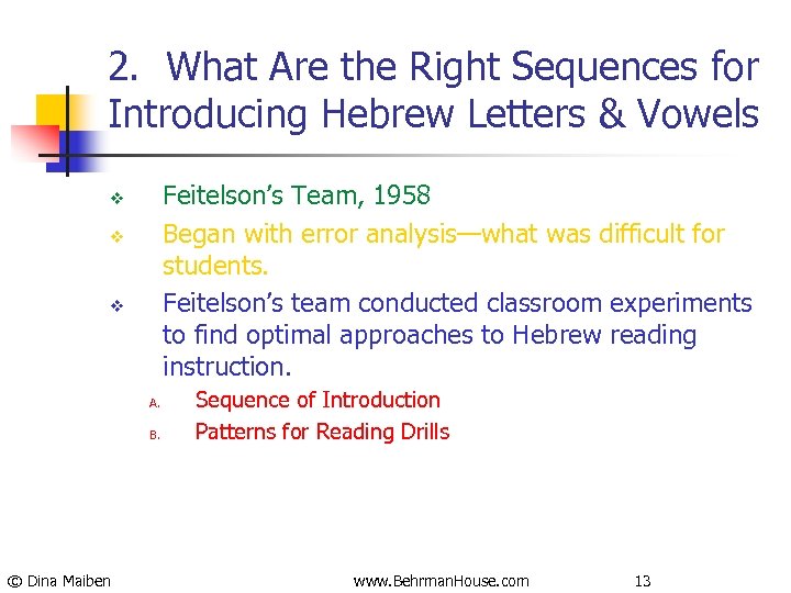 2. What Are the Right Sequences for Introducing Hebrew Letters & Vowels Feitelson’s Team,