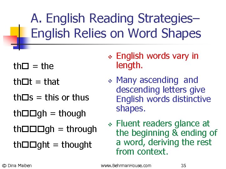 A. English Reading Strategies– English Relies on Word Shapes v th = the th