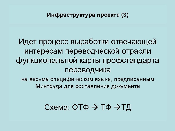 Инфраструктура проекта (3) Идет процесс выработки отвечающей интересам переводческой отрасли функциональной карты профстандарта переводчика