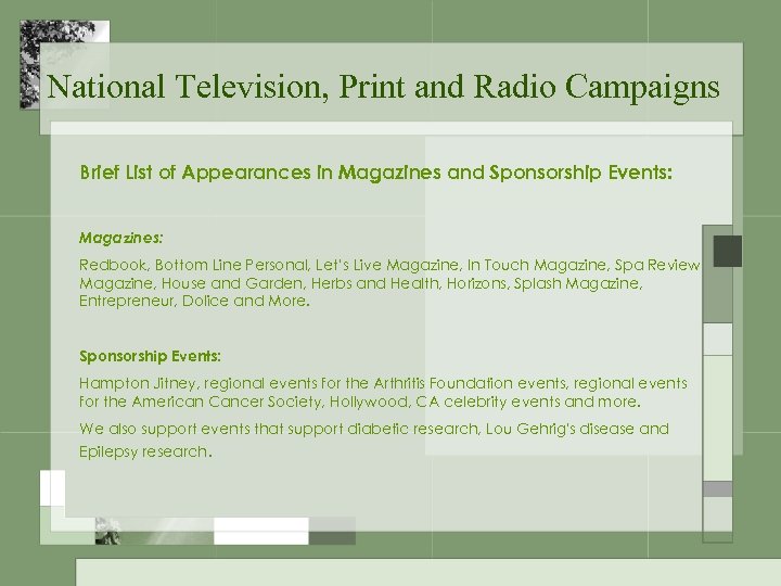 National Television, Print and Radio Campaigns Brief List of Appearances in Magazines and Sponsorship