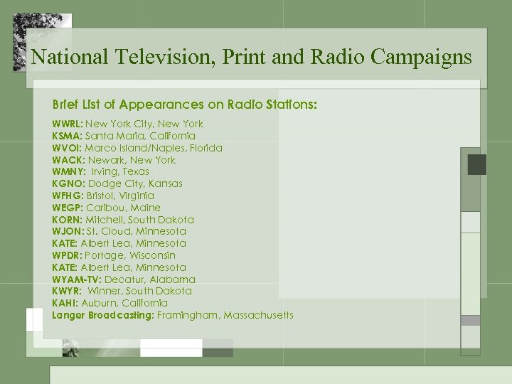 National Television, Print and Radio Campaigns Brief List of Appearances on Radio Stations: WWRL: