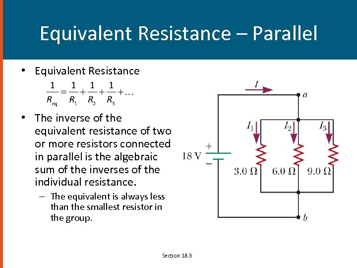 Equivalent Resistance – Parallel • Equivalent Resistance • The inverse of the equivalent resistance
