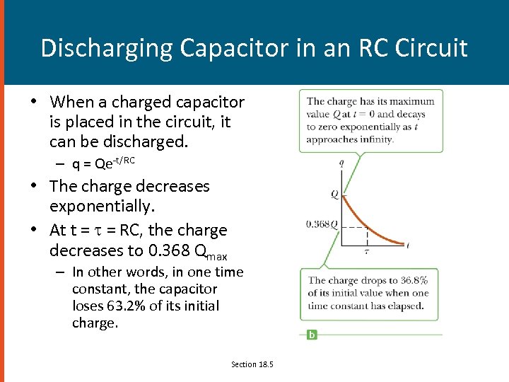 Discharging Capacitor in an RC Circuit • When a charged capacitor is placed in
