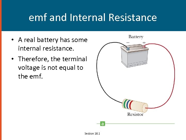 emf and Internal Resistance • A real battery has some internal resistance. • Therefore,