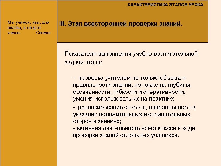 ХАРАКТЕРИСТИКА ЭТАПОВ УРОКА Мы учимся, увы, для школы, а не для жизни. Сенека III.