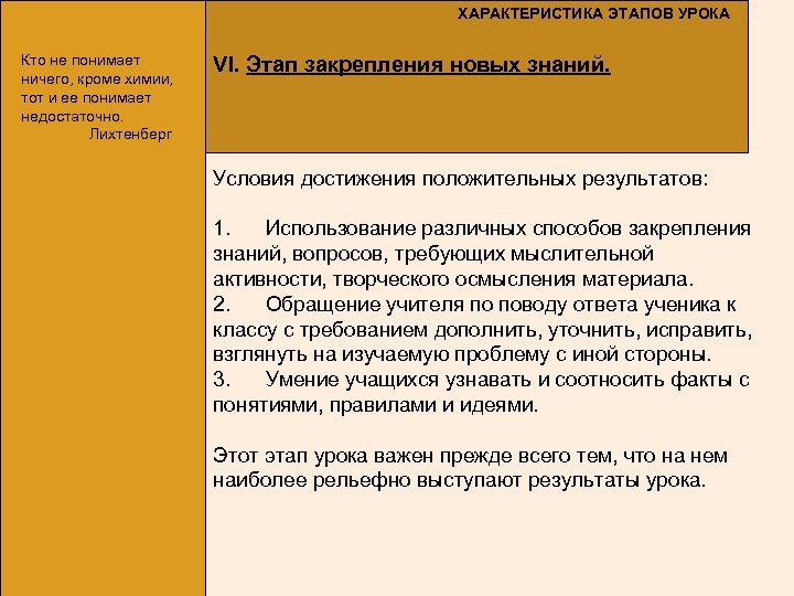 ХАРАКТЕРИСТИКА ЭТАПОВ УРОКА Кто не понимает ничего, кроме химии, тот и ее понимает недостаточно.