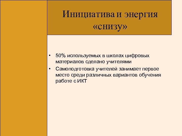 Инициатива и энергия «снизу» • 50% используемых в школах цифровых материалов сделано учителями •