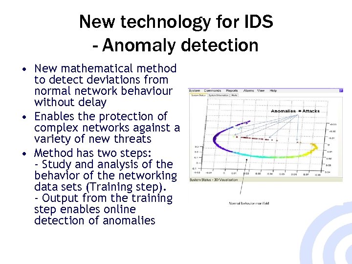 New technology for IDS - Anomaly detection • New mathematical method to detect deviations