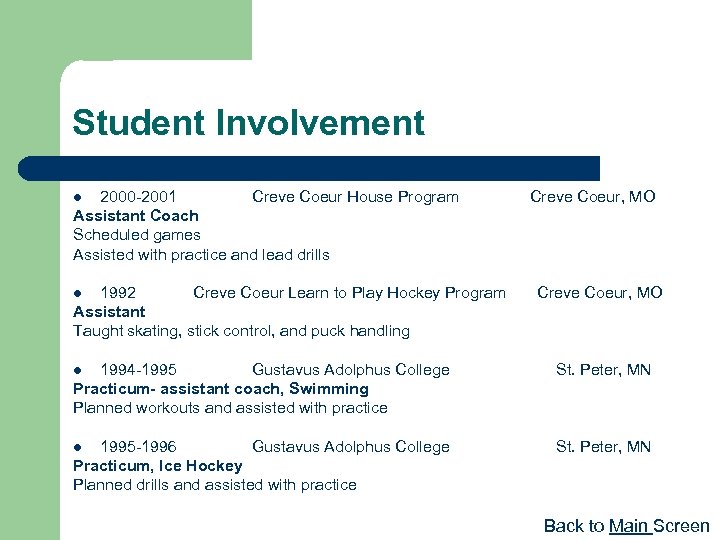 Student Involvement 2000 -2001 Creve Coeur House Program Creve Coeur, MO Assistant Coach Scheduled
