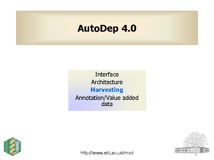 Auto. Dep 4. 0 Interface Architecture Harvesting Annotation/Value added data http: //www. ebi. ac.