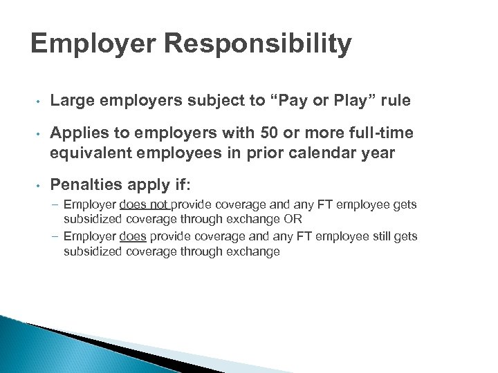Employer Responsibility • Large employers subject to “Pay or Play” rule • Applies to