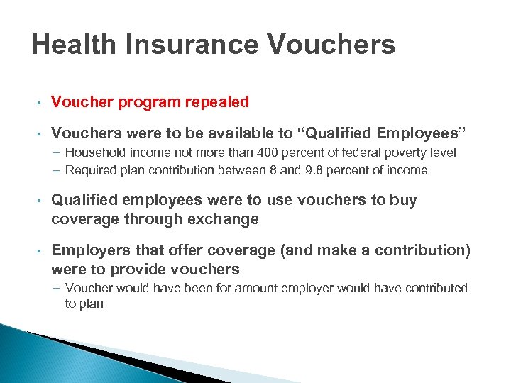 Health Insurance Vouchers • Voucher program repealed • Vouchers were to be available to