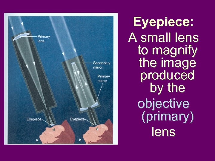 Eyepiece: A small lens to magnify the image produced by the objective (primary) lens