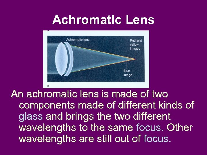 Achromatic Lens An achromatic lens is made of two components made of different kinds
