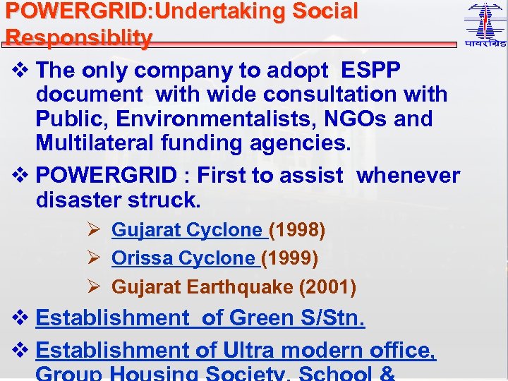 POWERGRID: Undertaking Social Responsiblity v The only company to adopt ESPP document with wide