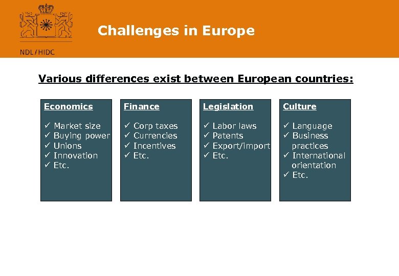 Challenges in Europe Various differences exist between European countries: Economics ü ü ü Finance