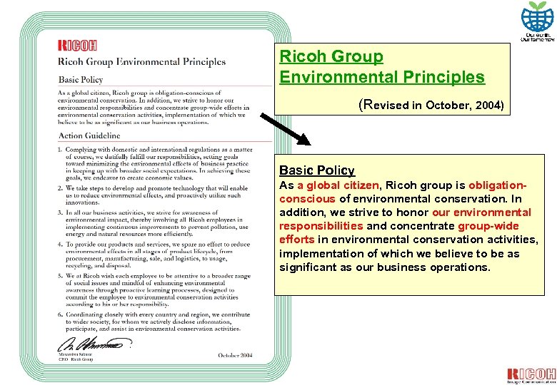 Sustainable Development Ricoh Group Environmental Principles (Revised in October, 2004) Basic Policy As a
