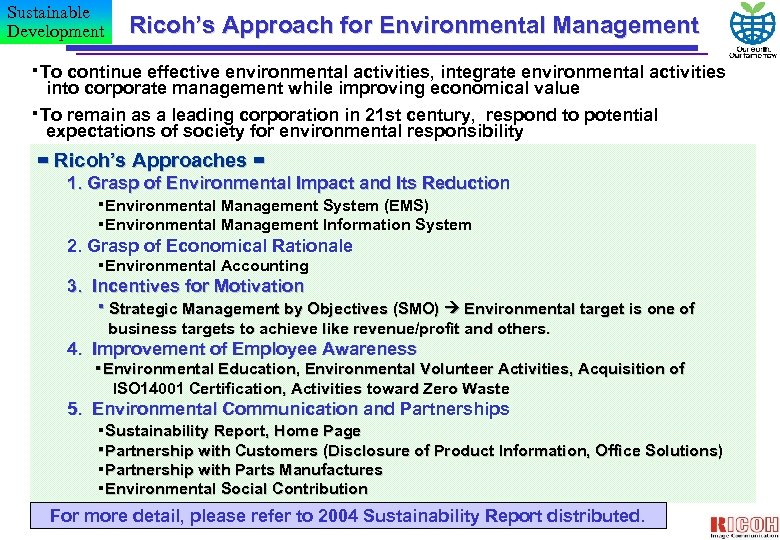 Sustainable Development Ricoh’s Approach for Environmental Management ・To continue effective environmental activities, integrate environmental