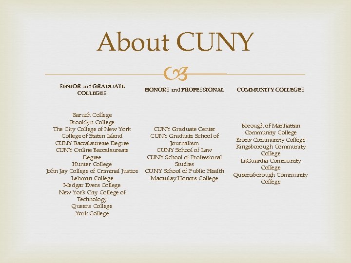 About CUNY SENIOR and GRADUATE COLLEGES Baruch College Brooklyn College The City College of