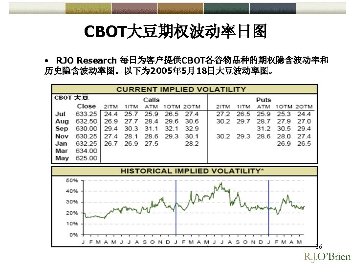 CBOT大豆期权波动率日图 • RJO Research 每日为客户提供CBOT各谷物品种的期权隐含波动率和 历史隐含波动率图。以下为 2005年 5月18日大豆波动率图。 16 