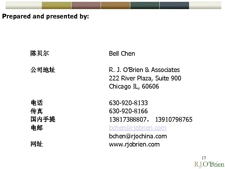 Prepared and presented by: 陈贝尔 Bell Chen 公司地址 R. J. O’Brien & Associates 222