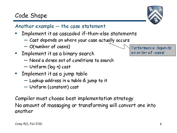Code Shape Another example -- the case statement • Implement it as cascaded if-then-else