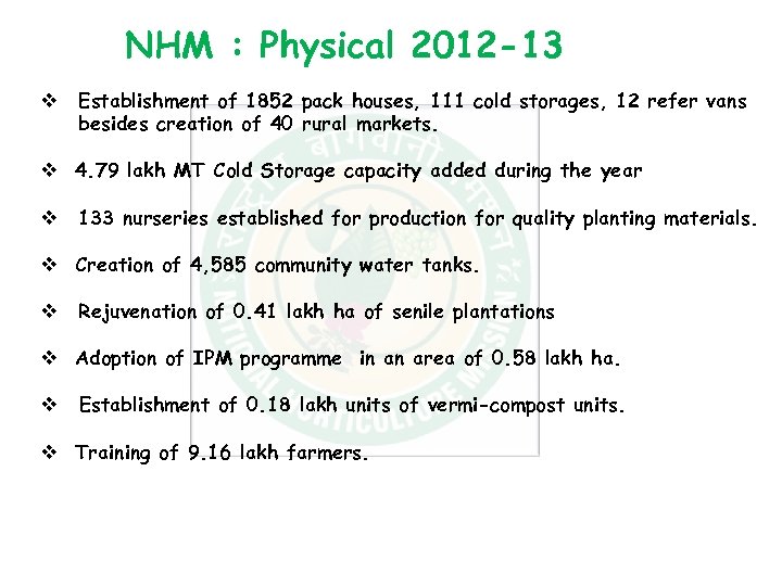 NHM : Physical 2012 -13 v Establishment of 1852 pack houses, 111 cold storages,