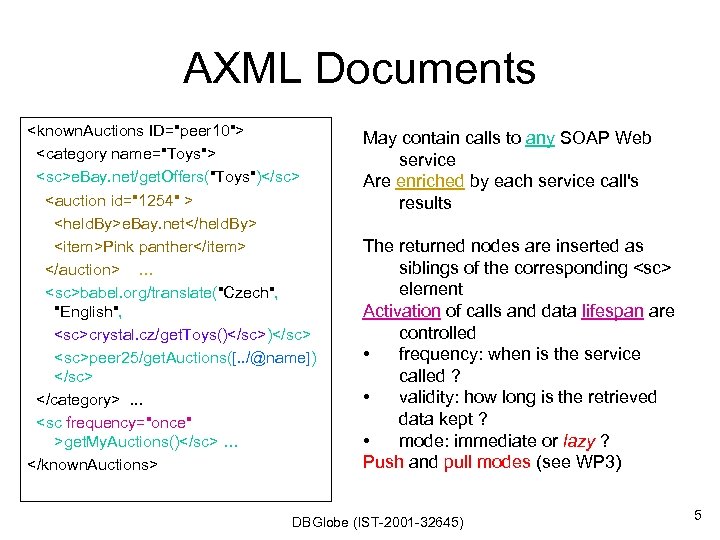 AXML Documents <known. Auctions ID="peer 10"> <category name="Toys"> <sc>e. Bay. net/get. Offers("Toys")</sc> <auction id="1254"