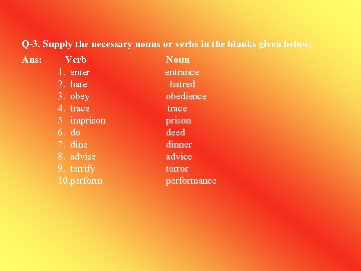 Q-3. Supply the necessary nouns or verbs in the blanks given below: Ans: Verb