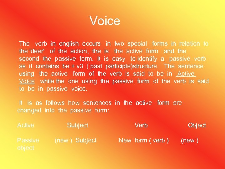Voice The verb in english occurs in two special forms in relation to the