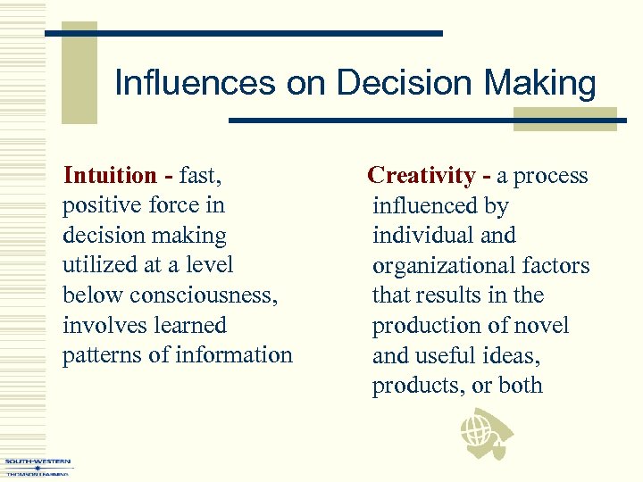 Influences on Decision Making Intuition - fast, positive force in decision making utilized at