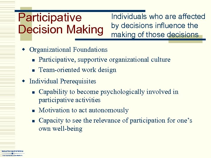 Participative Decision Making Individuals who are affected by decisions influence the making of those