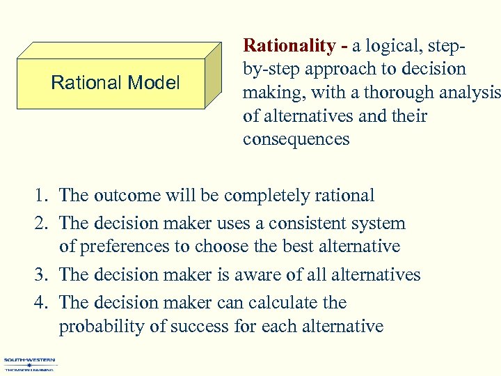 Rational Model Rationality - a logical, stepby-step approach to decision making, with a thorough